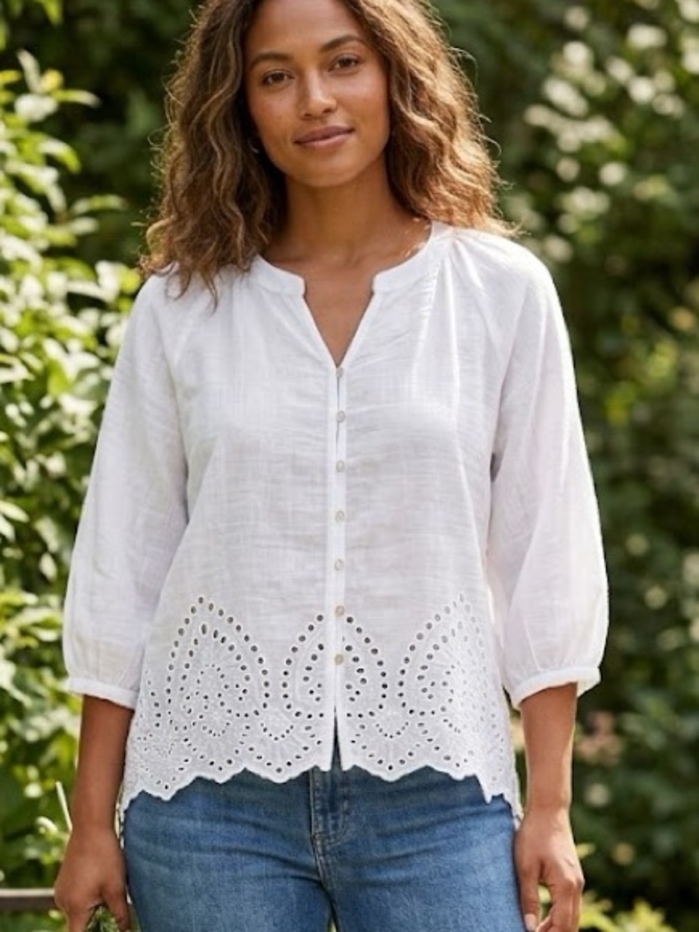 fig and flower White Eyelet Button-Front Blouse size PM EUC